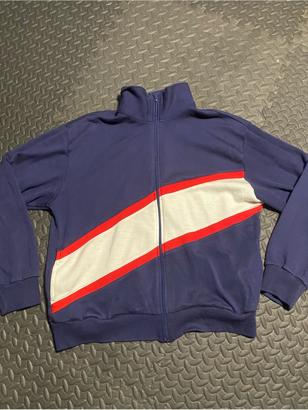 Navy Zip-Up Track Jacket with White and Red Diagonal Stripe